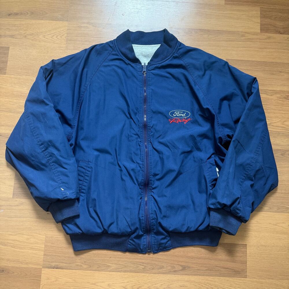 Men's Vintage 90's Ford Racing Blue Gray Zip Reversible Bomber Jacket Sz Small